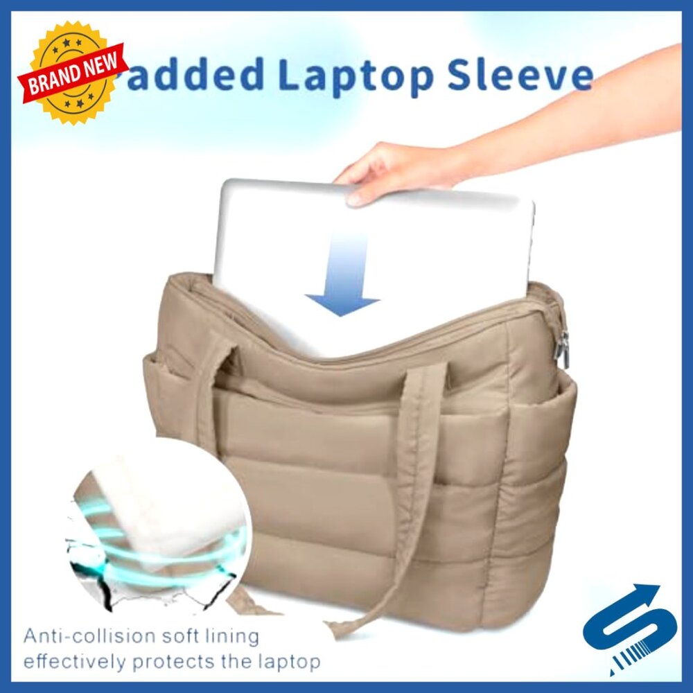 Lightweight Puffer Tote Bag with 9 Pockets, Laptop Sleeve, 30L Capacity - Picture 6 of 7